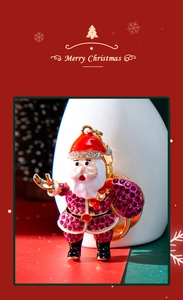 Close-up of Santa Claus keychain with sparkling pink rhinestones and white enamel details