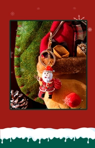 Detail of Santa Claus keychain with red and white rhinestones on festive background