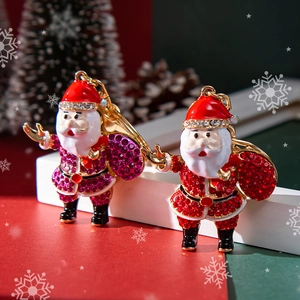 Christmas Santa Claus Keychain Zinc Alloy Rhinestone Enamel Pendant Festive Bag Charm Metal Key Ring Holiday Gift For Women