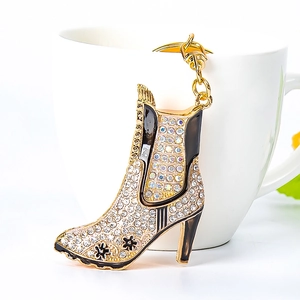 Fashion high heel boot keychain with sparkling rhinestones and black enamel floral pattern