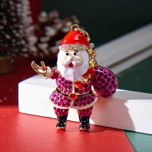 Christmas Santa Claus keychain pendant with colorful rhinestones and red enamel finish