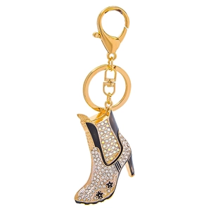 Fashion high heel boot keychain with gold plating, rhinestones and black floral details