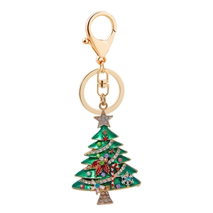 Portachiavi albero di Natale dorato con smalto verde e strass colorati per regali festivi