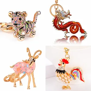 Porte-clés Animal en Strass Série Zodiaque pour Femmes Alliage de Zinc Émail Tigre Dragon Cochon Coq Serpent Bijou de Sac Cadeau