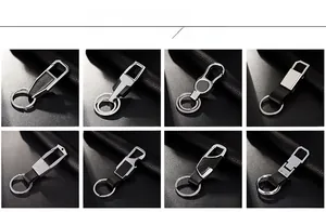 Detailed grid view showcasing eight premium metal and leather keychain styles for men