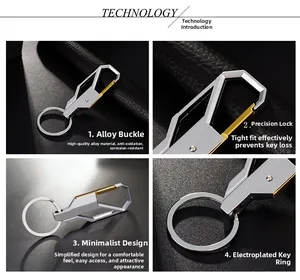 Detailed views of polished silver and gold alloy metal keychain with spring carabiner clip