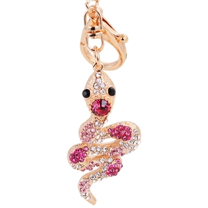 Porte-clés serpent doré raffiné avec strass roses et blancs et fermoir mousqueton robuste