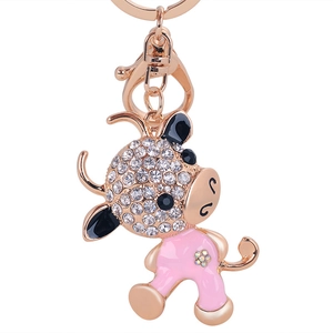 Porte-clés vache de dessin animé exquis avec placage or rose, strass et émail rose