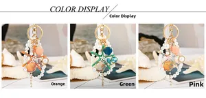 Detailed view of rhinestone starfish and shell keychains in orange, green, and pink colors