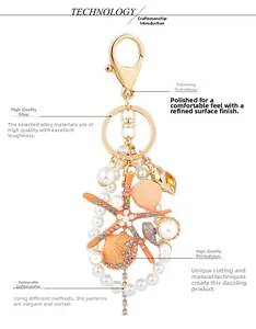 Detail of starfish keychain featuring orange rhinestones, gold shells and white pearls