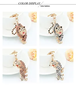 Detailed views of luxury tiger keychains with sparkling rhinestones in gold and silver