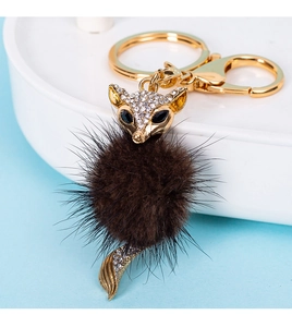 Detailed view of fox keychain with golden crystal head and fluffy brown mink fur ball