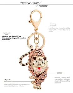Detailed view of rhinestone tiger keychain with polished gold plating and lobster clasp
