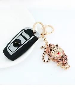 Close-up of a sparkling tiger keychain featuring intricate rhinestone detailing and metal ring