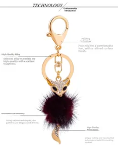 Detailed view of fox keychain with lobster clasp, rhinestones, and red fur ball