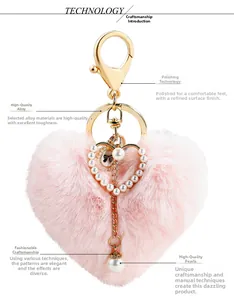 Detail of pink faux fur heart keychain with gold alloy clasp and pearl accents