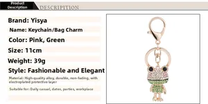 Detailed specs of the pink and green rhinestone frog keychain with dimensions and weight