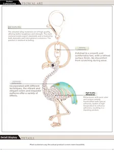 Détail du porte-clés flamant rose avec ailes en émail bleu et cristaux brillants