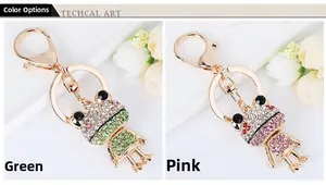 Detailed comparison of green and pink crystal studded frog keychains with gold finish