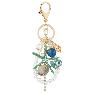 Starfish keychain with rhinestones, shells, and pearls for ocean-inspired bags