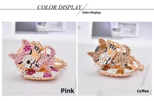 Vue détaillée des porte-clés chat en cristal rose et café avec strass brillants