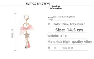 Detailed view of pink bow keychain with star pendant and tassel, sizing 14.5cm and 31g