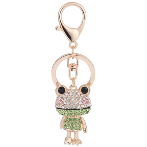 Sparkling crystal encrusted frog keychain in rose gold metal with pink and green stones