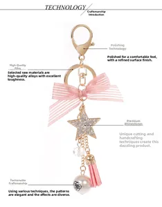 Detailed view of pink star keychain with striped bow, silk tassel and crystal star charm