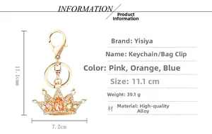 Detailed spec sheet for crystal crown keychain with 11.1cm height and 39.1g weight