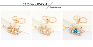 Detailed color display of crown keychains in champagne pink and blue crystal variants