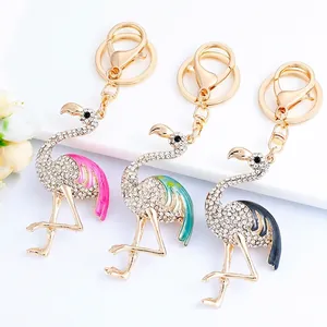Porte-clés Flamant Rose à la Mode Strass Émail Rose Alliage de Zinc Charme de Sac Anneau de Clé Plqué Or Bijoux Cadeau pour Femme