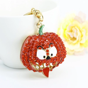 Sparkling red rhinestone Halloween pumpkin keychain with cute cartoon eyes and gold hook