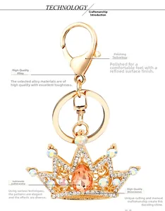 Detail view of gold crystal crown keychain with peach pear-shaped stone and lobster clasp