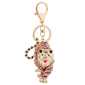 Golden tiger keychain with pink rhinestones and lobster clasp for bag accessory