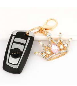Detail of crystal crown keychain with pink teardrop gem and sparkling rhinestones