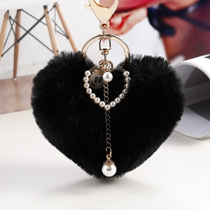 Black heart-shaped plush keychain with faux pearls and golden metal ring for bags