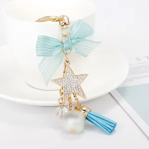 Fashion Star Bowknot Tassel Keychain For Women Alloy Rhinestone Star Artificial Pearl Bag Pendant Elegant Key Ring Accessory