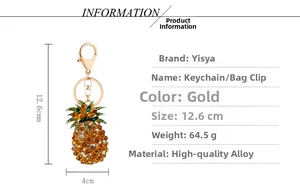 Detail showing crystal-studded pineapple keychain dimensions 12.6x4cm and alloy material