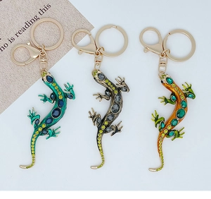 Detailed macro view of three crystal gecko keychains with diverse gemstone colors