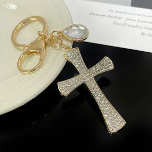 Fashion Rhinestone Cross Keychain Gold Metal Crystal Waterdrop Pendant Car Keyring Bag Charm Religious Jewelry Ornament Gift