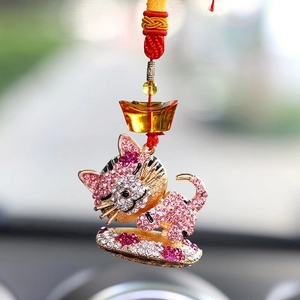 Porte-clés chat de dessin animé en strass rose et clair avec cordon pour décoration auto