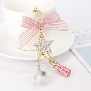 Star tassel keychain with pink silk bow and pearl pendant for women fashion bags