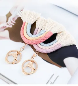 Detailed macro shot of handmade boho rainbow keychain with colorful cotton tassels