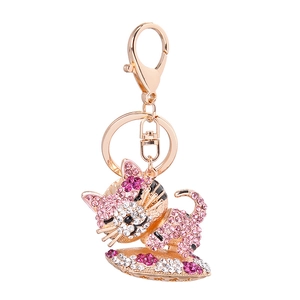Porte-clés chat de dessin animé rose avec strass brillants et fermoir mousqueton doré