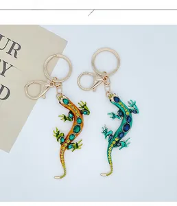 Detailed view of two lizard keychains with colorful rhinestones and gold metal finish