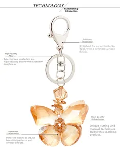 Detail of crystal butterfly keychain with polished alloy ring and amber rhinestones