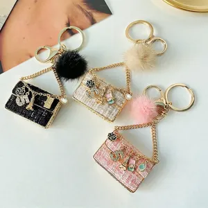 Mini Bag Keychain Tweed Fabric Pompom Rose Flower Charm Eiffel Tower Elegant Bag Decor For Women Fashion Accessory