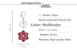 Macro detail of purple crystal flower keychain with alloy clasp and size specifications