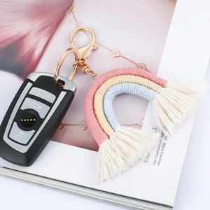 Handmade bohemian rainbow tassel keychain with pink yellow blue cotton rope for bags