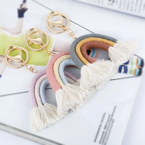 Handmade bohemian rainbow tassel keychain with colorful cotton rope and gold lobster clasp